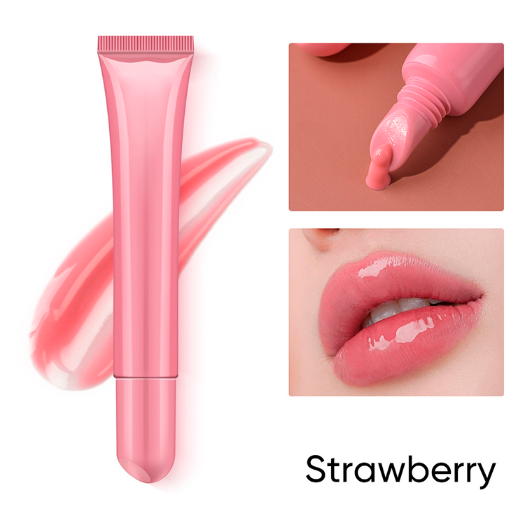Pink lip gloss tube with close-up shots of application and color on lips, labeled '02# Strawberry'.