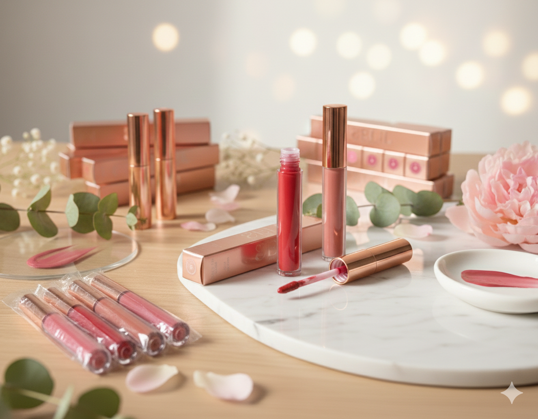 ELIL Lustre Lip Gloss tubes with rose gold caps displayed with pink peonies on a marble tray