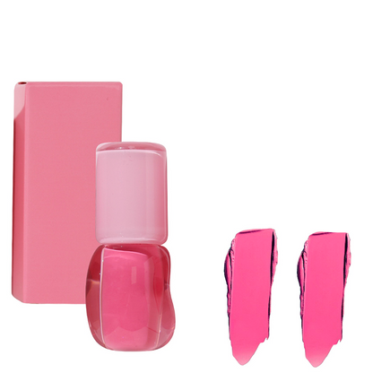 Pink makeup product with packaging and a close-up of a woman's face with pink blush.