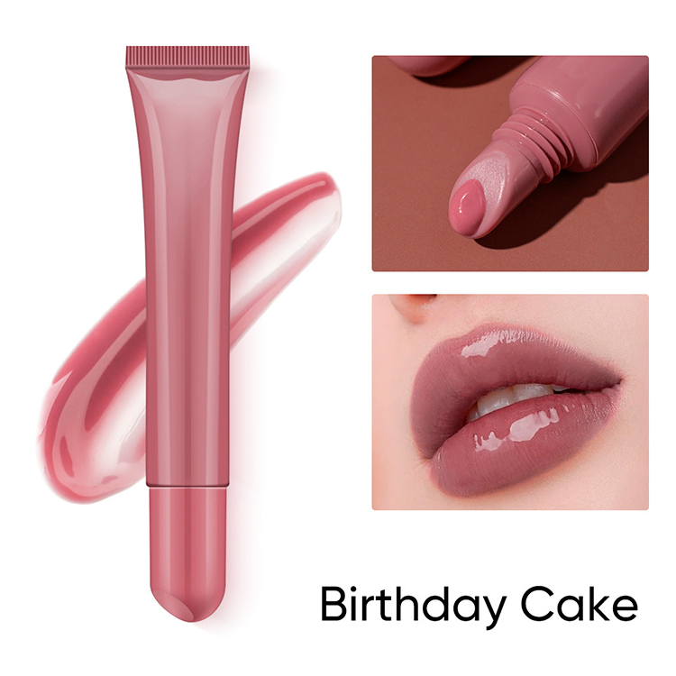 Lip tint with applicator and color swatch on a white background