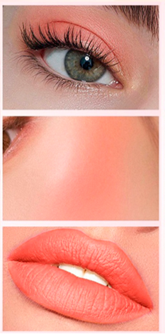 Close-up of an eye, nose, and lips with a coral makeup look.