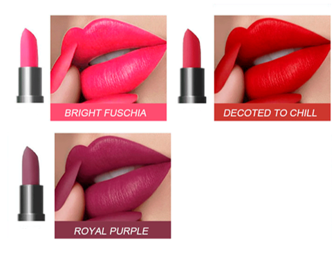 Four lipstick shades shown on lips with product names below.