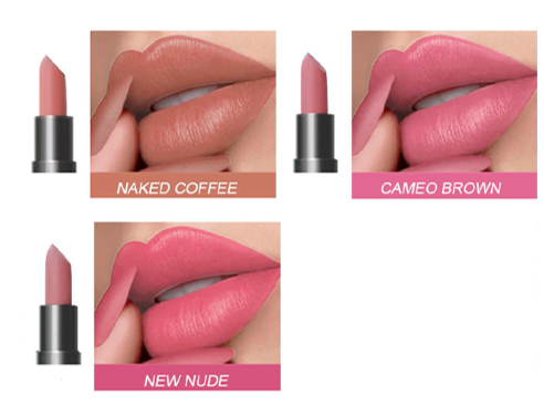 Lipstick shades 'Naked Coffee', 'Cameo Brown', and 'New Nude' applied to lips with close-up views.