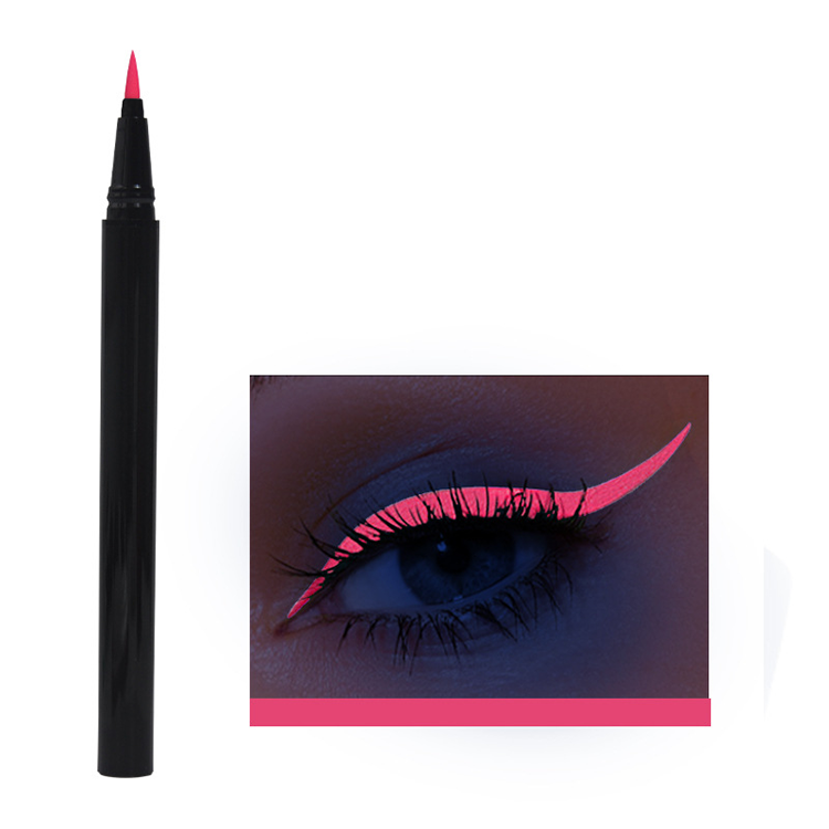 Eyeliner pen with a close-up of an eye wearing pink eyeliner on a white background