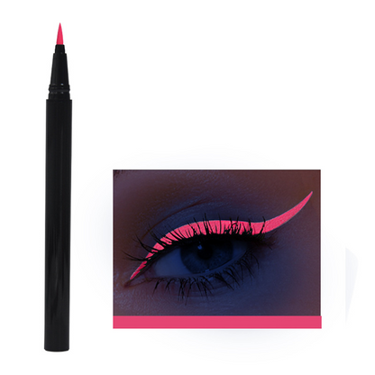 Eyeliner pen with a close-up of an eye wearing pink eyeliner on a white background
